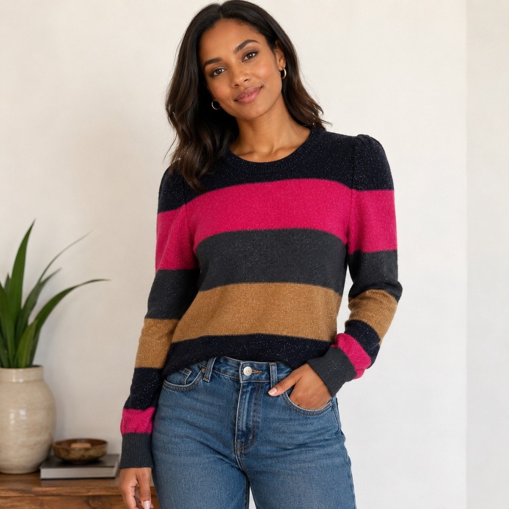 Boden Puff Sleeve Sweater Womens 6 Striped Shimmer Knit Puff Sleeve